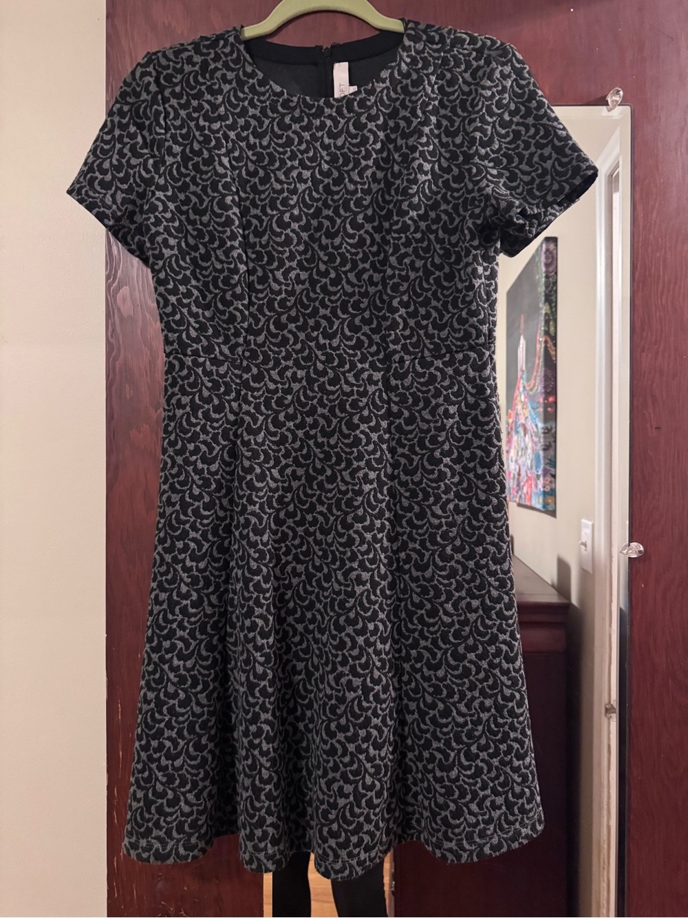 LOFT Black and Gray Short-Sleeve Fit-and-Flare Dress